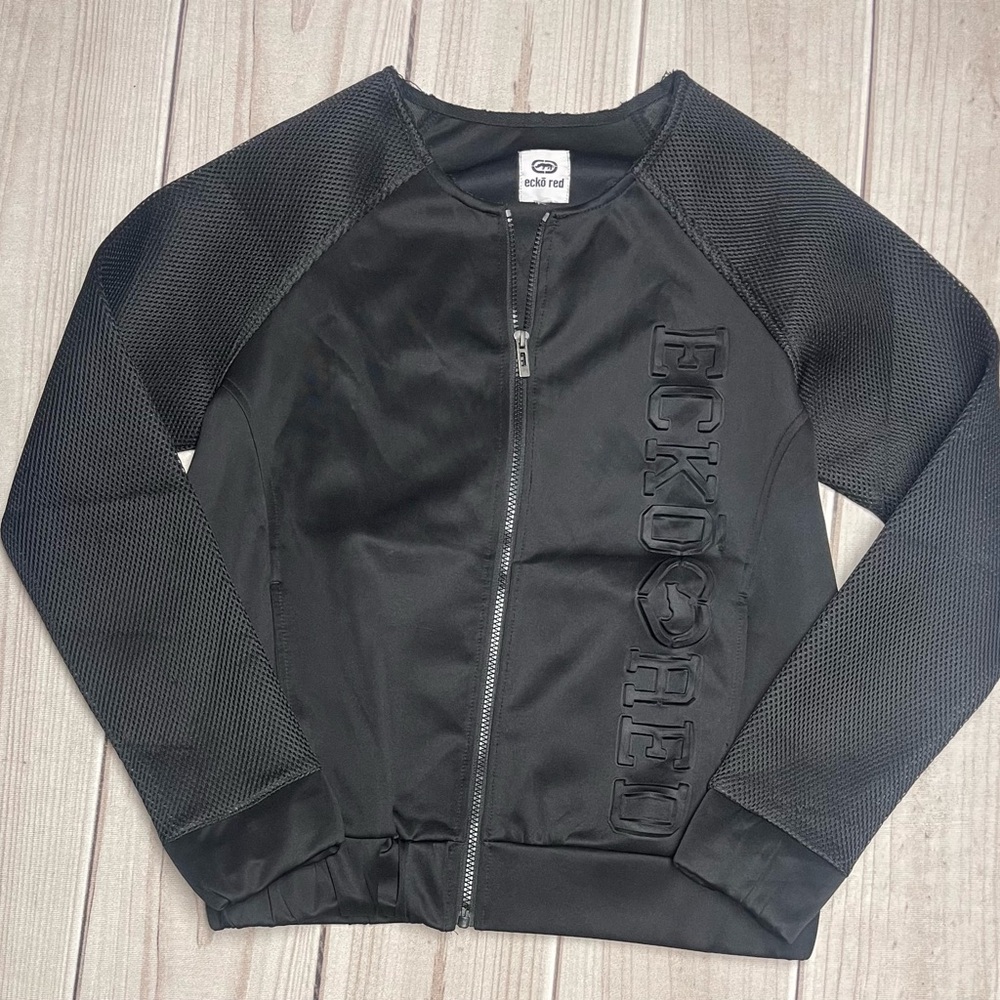 Ecko Red Women’s Full Zip Lightweight Bomber Style Jacket Mesh Sleeves Black